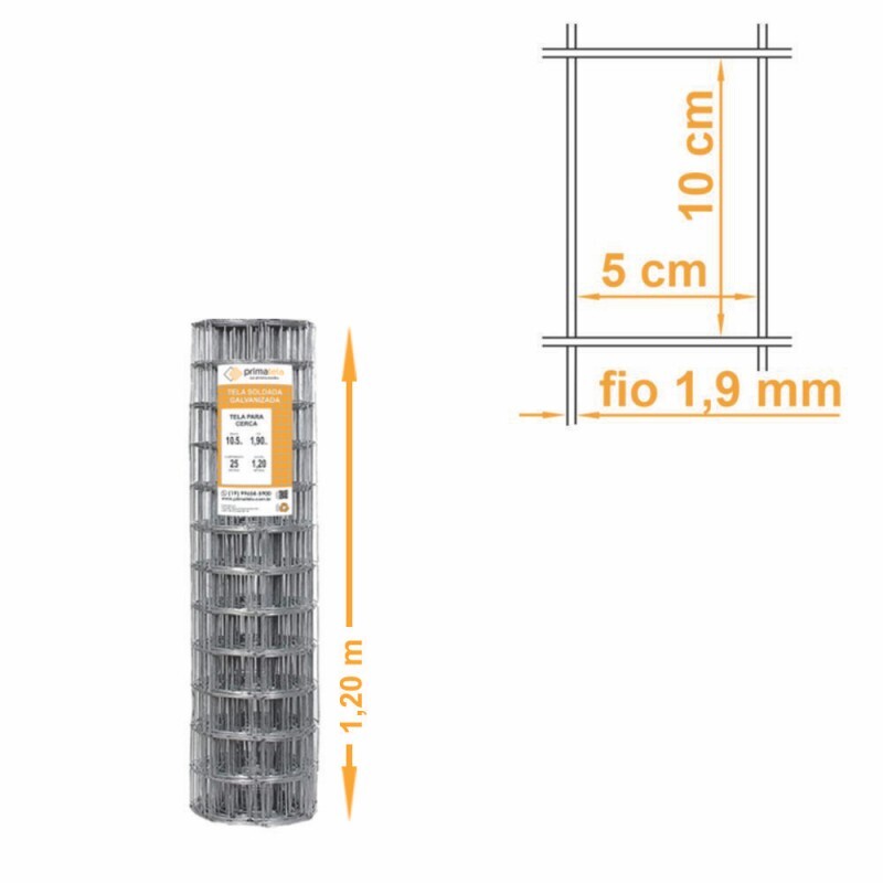 Tela Soldada Segurança Galv. Malha 10x5cm Fio 1,90mm - 1,20x25m
