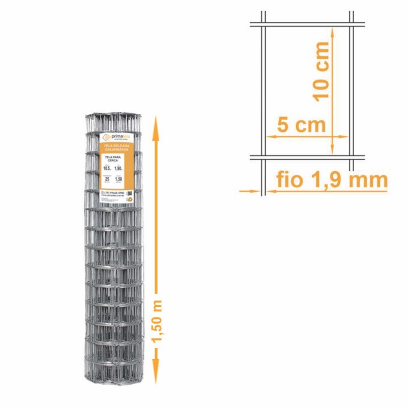 Tela Soldada Segurança Galv. Malha 10x5cm Fio 1,90mm - 1,50x25m
