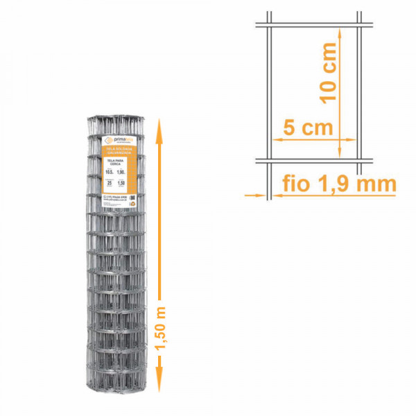 Tela Soldada Segurança Galv. Malha 10x5cm Fio 1,90mm - 1,50x25m