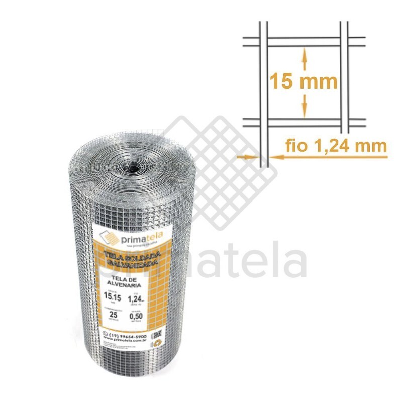 Tela de Reforço Soldada Galvanizada Malha 15x15 mm Fio 1,24mm - 0,50x25m