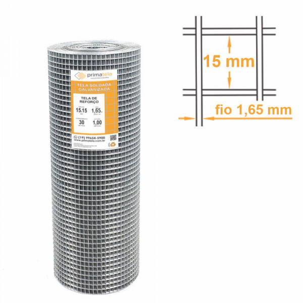 Tela de Reforço Soldada Galvanizada Malha 15x15 mm Fio 1,65mm - 1,00x30m Tela de Reforço Soldada Galvanizada Malha 15x15 mm Fio 1,65mm - 1,00x30m