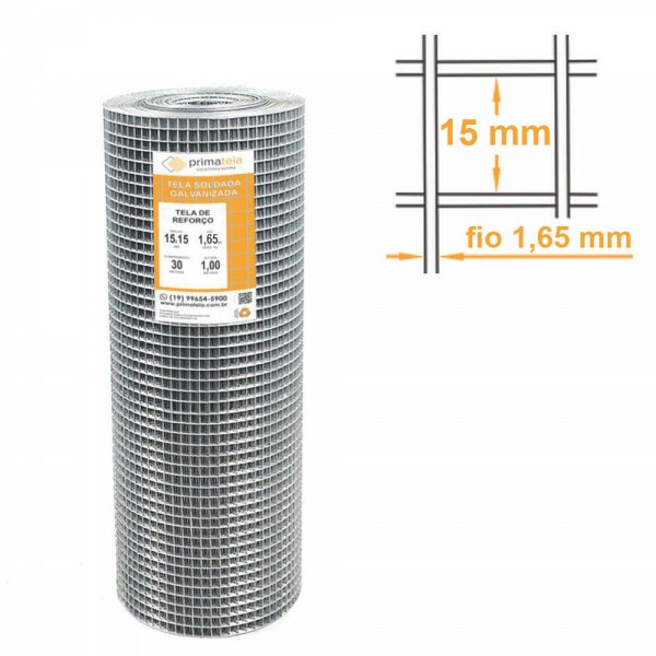 Tela de Reforço Soldada Galvanizada Malha 15x15 mm Fio 1,65mm - 1,00x30m