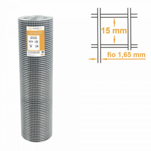 Tela de Reforço Soldada Galvanizada Malha 15x15 mm Fio 1,65mm - 1,50x30m