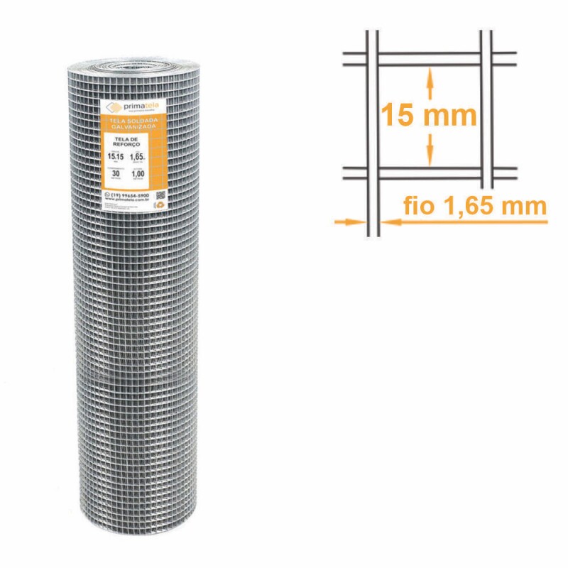 Tela de Reforço Soldada Galvanizada Malha 15x15 mm Fio 1,65mm - 1,50x30m
