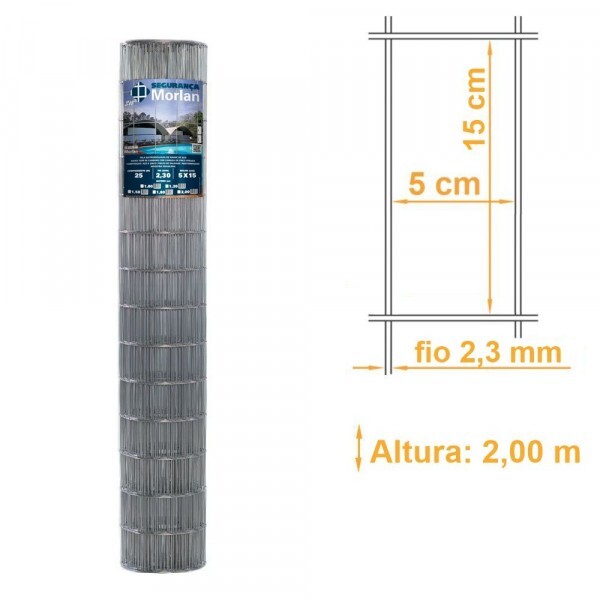Tela Soldada Segurança Galv. ZN3 Malha 15x5cm Fio 2,30mm MORLAN - 2,00x25m
