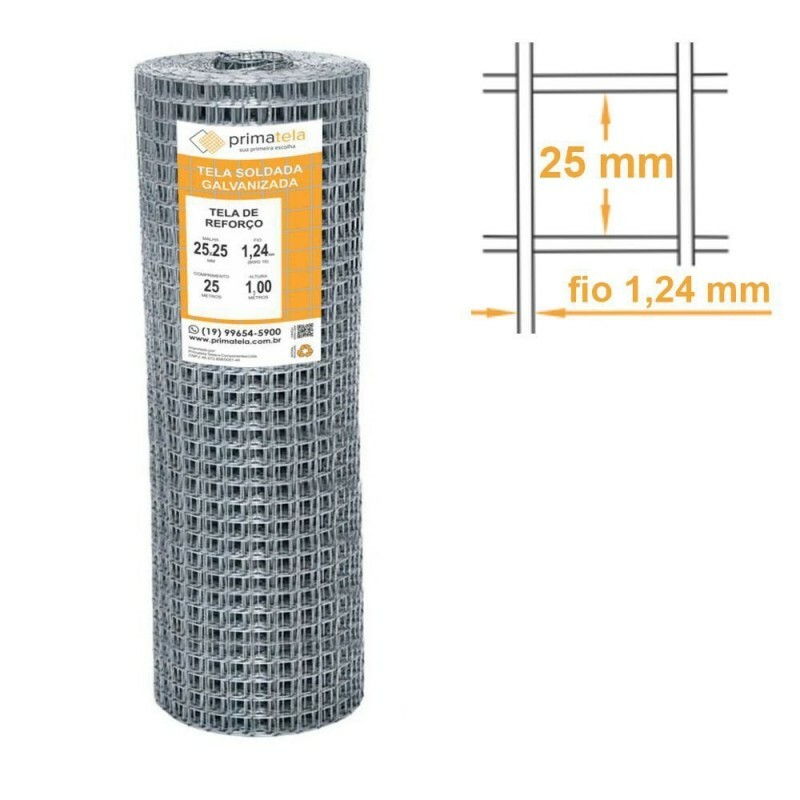 Tela de Reforço Soldada Galvanizada Malha 2,5x2,5cm Fio 1,24mm - 1,00x25m