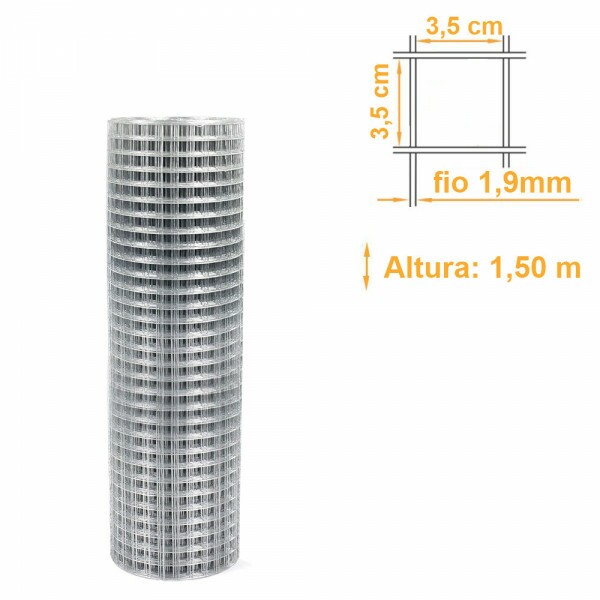 Tela Soldada Galvanizada Malha 35x35mm Fio 1,90mm - 1,50x25m
