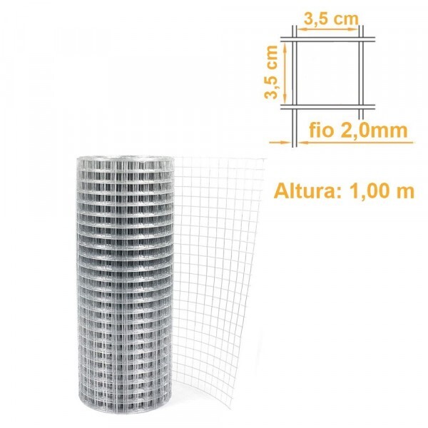 Tela Soldada Galvanizada Malha 35x35mm Fio 2,0mm Alt.1,00m - PREÇO POR METRO