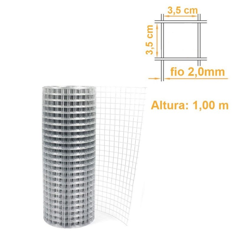Tela Soldada Galvanizada Malha 35x35mm Fio 2,0mm Alt.1,00m - PREÇO POR METRO
