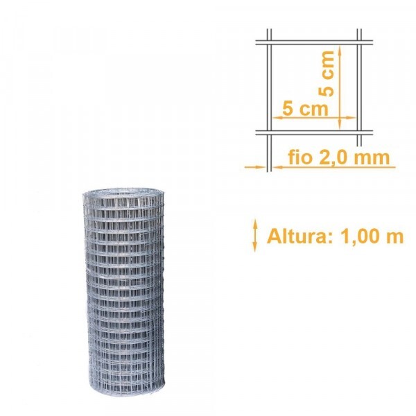 Tela Soldada Galvanizada Malha 50x50mm Fio 2,0mm Alt. 1,00m - PREÇO POR METRO