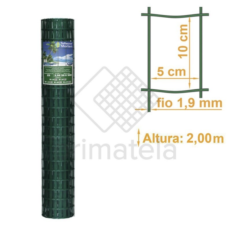 Tela Soldada Tellacor PVC Verde Malha 10x5cm Fio 2,5mm MORLAN - 2,00x25m