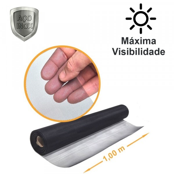 Tela Inox Maxi Vision Inox Malha 20 Fio 0,17mm Rev. PVC Preto - 1,00x30m