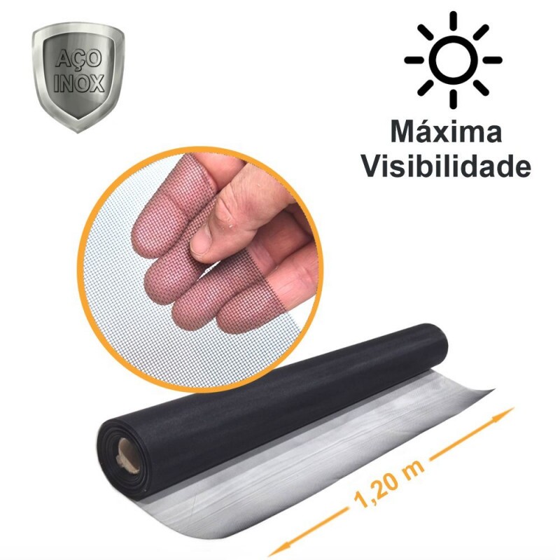 Tela Inox Maxi Vision Malha 20 Fio 0,17mm Rev. PVC Preto - 1,20x30m