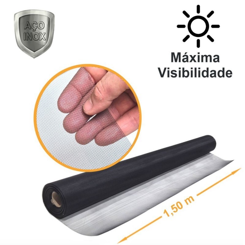 Tela Maxi Vision Inox Malha 20 Fio 0,17mm Rev. PVC Preto - 1,50x30m