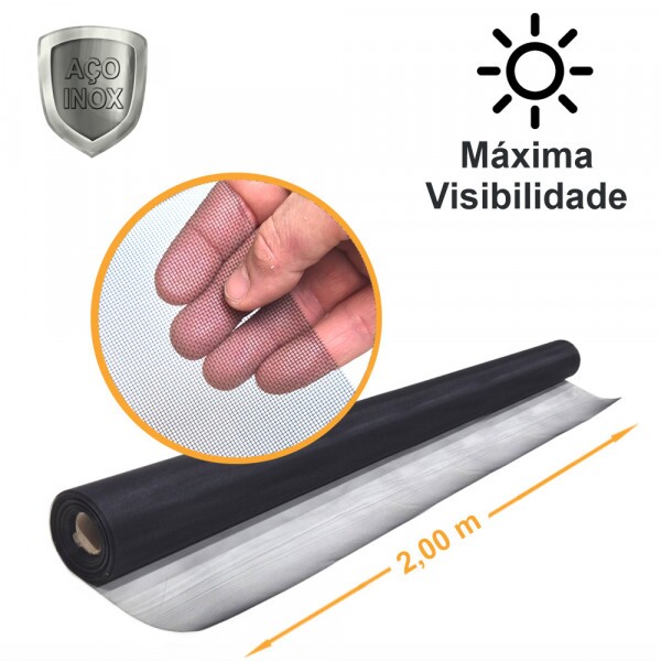 Tela Inox Maxi Vision Inox Malha 22 Fio 0,15mm Rev. PVC Preto - 2,00x30m Tela Inox Maxi Vision Inox Malha 22 Fio 0,15mm Rev. PVC Preto - 2,00x30m